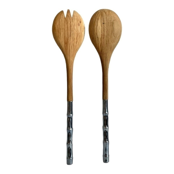 Serving Silverware Wooden Stainless Steel Fork and Spoon Servers 2Pcs SALAD SET - Picture 5 of 5